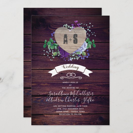 Rustikaler, gravierter Holzherz Monogram, Blutfall Einladung (Vorne/Hinten)