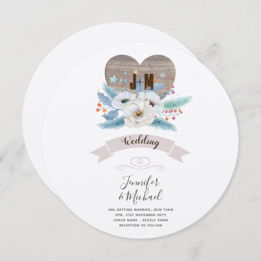 Rustikaler, gravierter Holzherz Monogram, Blutfall Einladung (Vorne/Hinten)