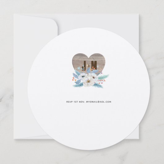 Rustikaler, gravierter Holzherz Monogram, Blutfall Einladung (Rückseite)