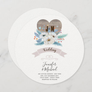 Rustikaler, gravierter Holzherz Monogram, Blutfall Einladung