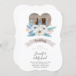 Rustikaler, gravierter Holzherz Monogram, Blutfall Einladung