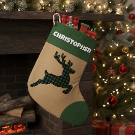 Rustikaler Green & Black Kariert Rentier Individue Großer Weihnachtsstrumpf