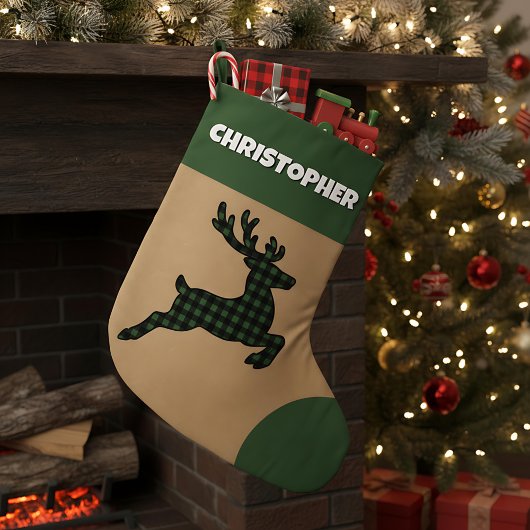 Rustikaler Green & Black Kariert Rentier Individue Großer Weihnachtsstrumpf