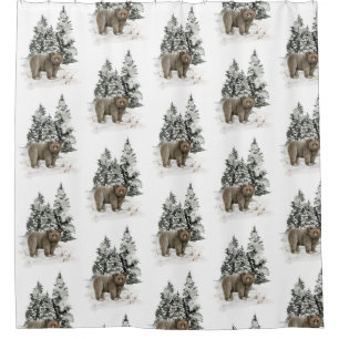 Rustikaler Grizzlybär Waldschnee Duschvorhang