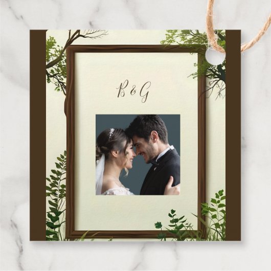 Rustikaler Grünbaum Hochzeit Geschenkanhänger (Rückseite)