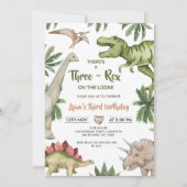 Rustikaler Grünbraun Dinosaurier Drei-Rex Geburtst Einladung (Vorderseite)
