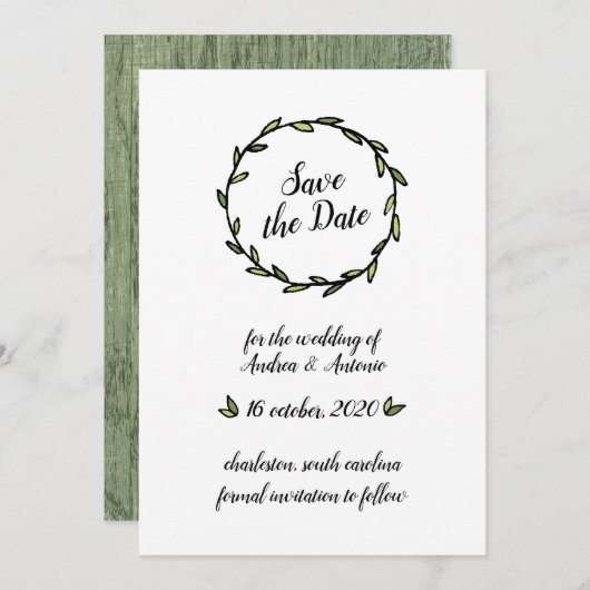 Rustikaler Grüner Blattwerk Save the Date (Vorne/Hinten)