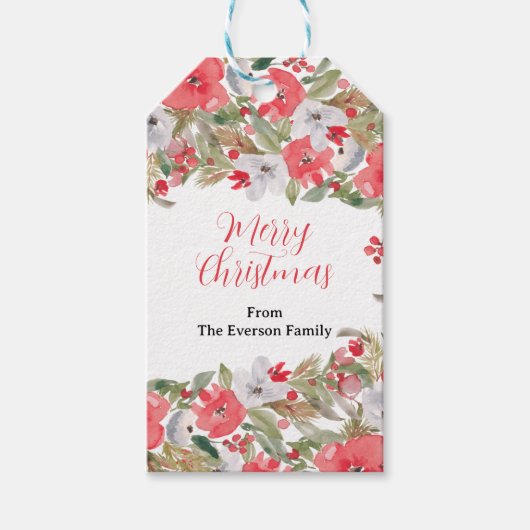 Rustikaler grüner Blumenkranz frohe Weihnachten Geschenkanhänger (Vorderseite)