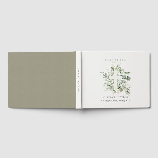 Rustikaler grüner Eukalyptus Fern Foliage Cross Ba Gästebuch (Voll)