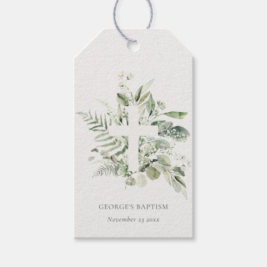 Rustikaler grüner Eukalyptus Fern Foliage Cross Ba Geschenkanhänger (Vorderseite)