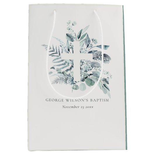 Rustikaler grüner Eukalyptus Fern Foliage Cross Ba Mittlere Geschenktüte (Vorderseite)