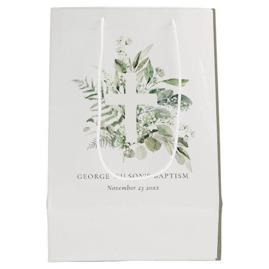 Rustikaler grüner Eukalyptus Fern Foliage Cross Ba Mittlere Geschenktüte (Rückseite)