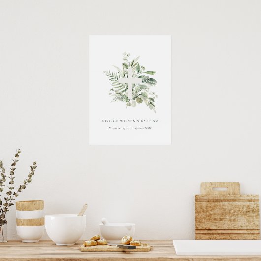 Rustikaler grüner Eukalyptus Fern Foliage Cross Ba Poster (Küche)