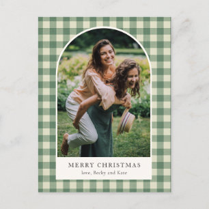 Rustikaler grüner Gingham-Bogen-Foto-Weihnachten m Feiertagspostkarte