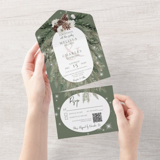 Rustikaler Grüner Kiefer Wintersparkle QR-Code All In One Einladung (Abreißen)