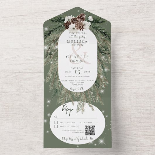 Rustikaler Grüner Kiefer Wintersparkle QR-Code All In One Einladung (Innen Boden)