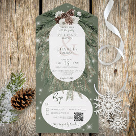 Rustikaler Grüner Kiefer Wintersparkle QR-Code All In One Einladung