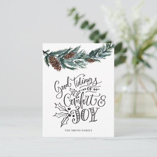 Rustikaler grüner Kiefernzapfen Gute Nachricht von Postkarte (Stehend Vorderseite)