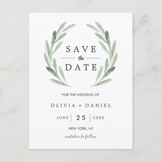 Rustikaler grüner Kranz Einfache Hochzeit Sichern Ankündigungspostkarte (Vorderseite)