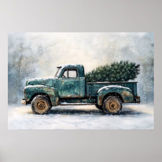 Rustikaler grüner LKW mit Weihnachtsbaum Poster