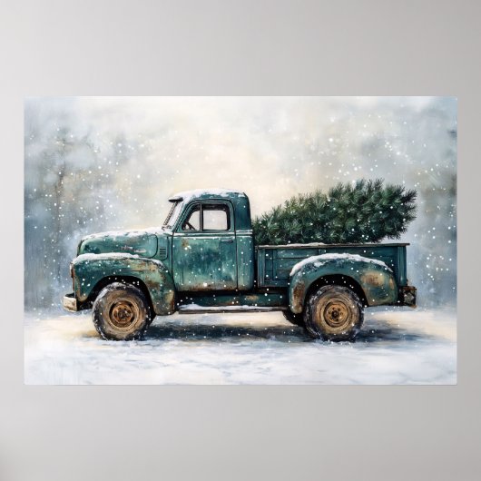 Rustikaler grüner LKW mit Weihnachtsbaum Poster (Vorne)