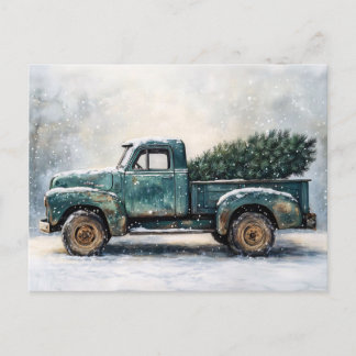 Rustikaler grüner LKW mit Weihnachtsbaum Postkarte
