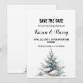 Rustikaler grüner Pinienwald Schnee Save the Date Einladung (Vorne/Hinten)