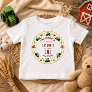 Rustikaler grüner Traktor Bauernhof erstes Jahr ei Baby T-shirt
