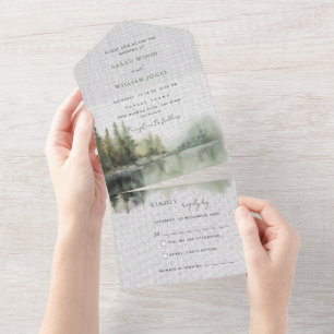 Rustikaler grüner Wald in einer Hochzeit einladen All In One Einladung