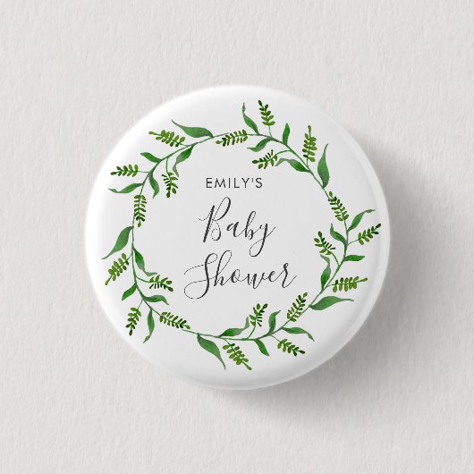 Rustikaler Grünkränzchen-Baby-Shower Button (Vorderseite)