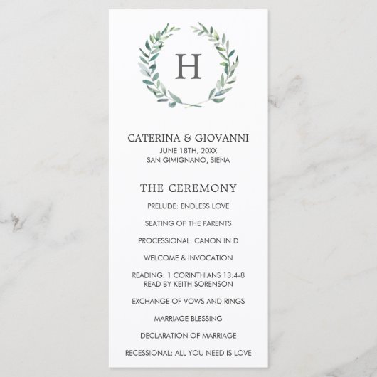 Rustikaler Grünkränze-Monogramm Elegante Hochzeit Programm (Vorderseite)