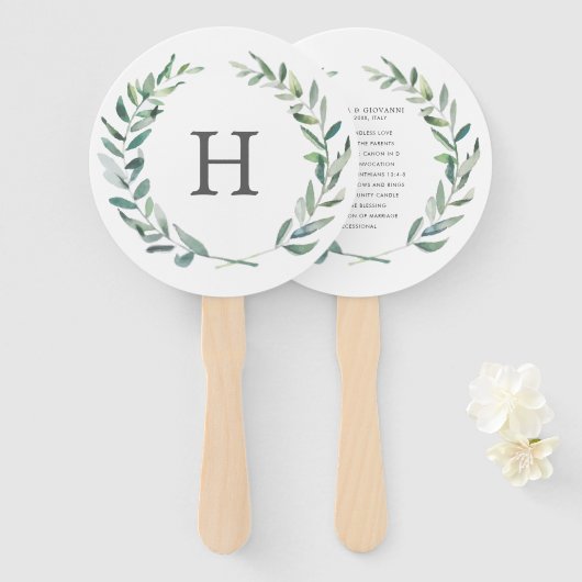 Rustikaler Grünkränze-Monogramm-Hochzeitsprogramm Fächer (Vorne und Hinten)