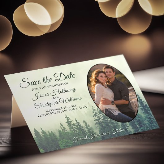 Rustikaler Grünwald mit Oval Foto Hochzeit Save The Date