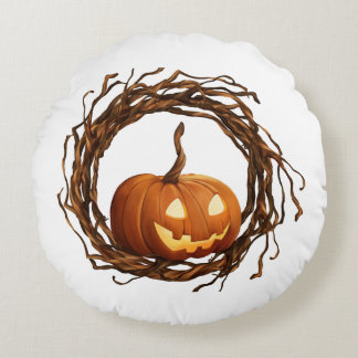 Rustikaler Halloween-Kürbis-Zweig-Kranzrahmen Rundes Kissen
