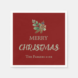 Rustikaler Heiliger mit roten Beeren und Kiefernke Serviette