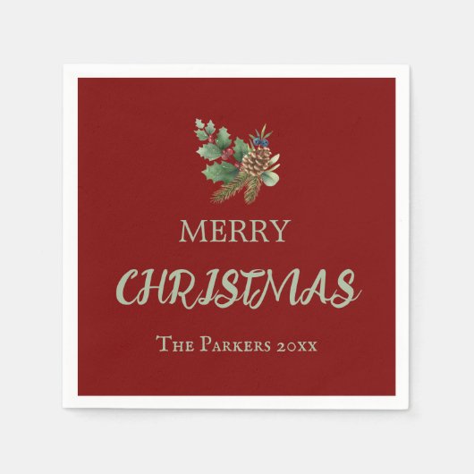 Rustikaler Heiliger mit roten Beeren und Kiefernke Serviette (Vorderseite)