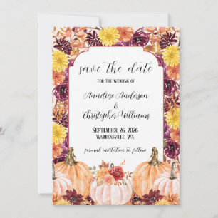 Rustikaler Herbst-Aquarell-Blumen-Kürbis-Foto Save The Date