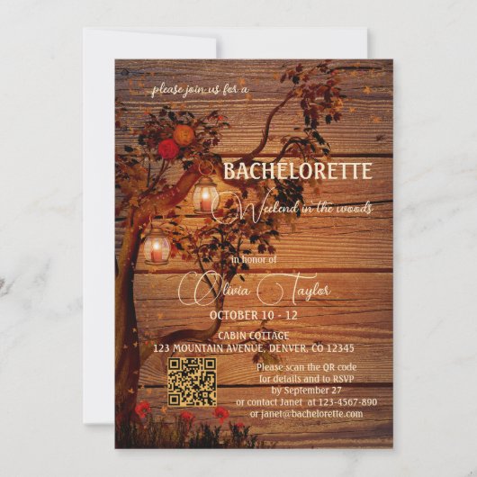 Rustikaler Herbst Bachelorette Wochenende im Wald Einladung (Vorderseite)