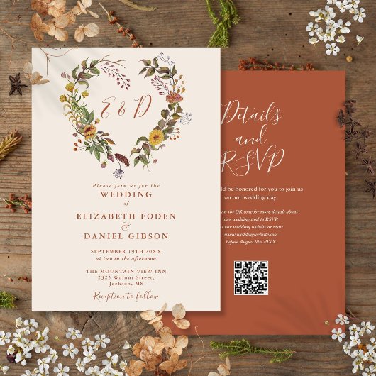 Rustikaler Herbst-Blumen-QR-Code-Hochzeit Einladung