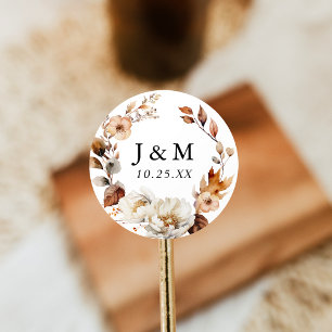 Rustikaler Herbst-Blumenkranz-Hochzeitsmonogramm Runder Aufkleber
