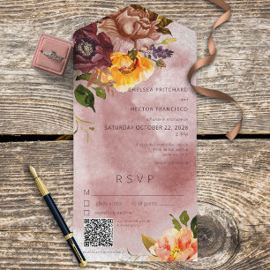 Rustikaler Herbst Burgunder Gelbe Blumenwein QR Co All In One Einladung