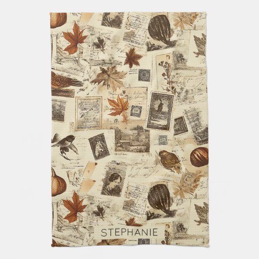Rustikaler Herbst-Ephemerenkollage | Warm Earthy Geschirrtuch (Vertikal)