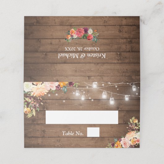 Rustikaler Herbst floraler Mason Jar Lights Hochze Platzkarte (Außenseite Aufgefaltet)
