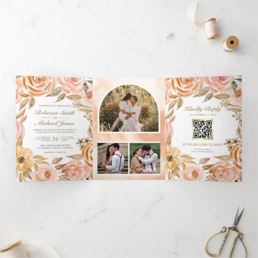 Rustikaler Herbst-Herbst QR-Code Hochzeit Dreifach Gefaltete Einladung (Innenseite)