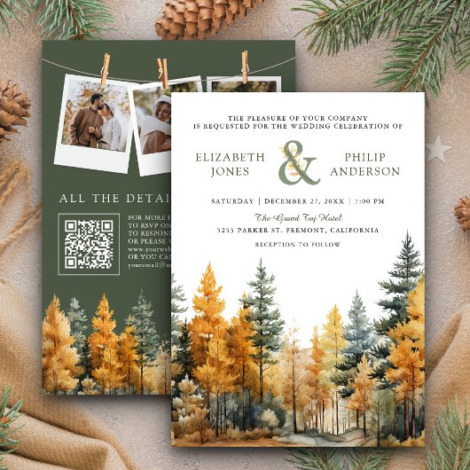 Rustikaler Herbst-Kiefern QR-Code Hochzeit Einladung