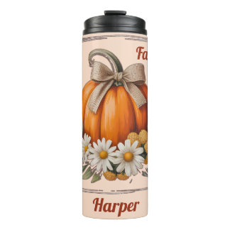 Rustikaler Herbst-Kürbis-Jute-Schleifen-Margeriten Thermosbecher