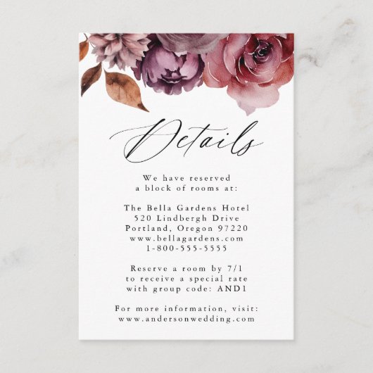 Rustikaler Herbst Marsala Blumenzettel Begleitkarte (Vorderseite)