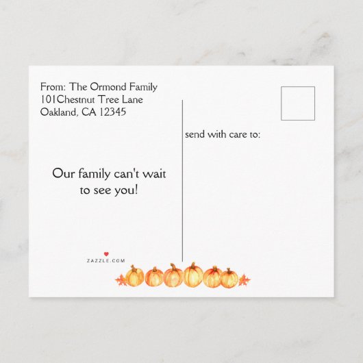 Rustikaler Herbst neuer Address Pumpkin Patch Ankündigungspostkarte (Rückseite)
