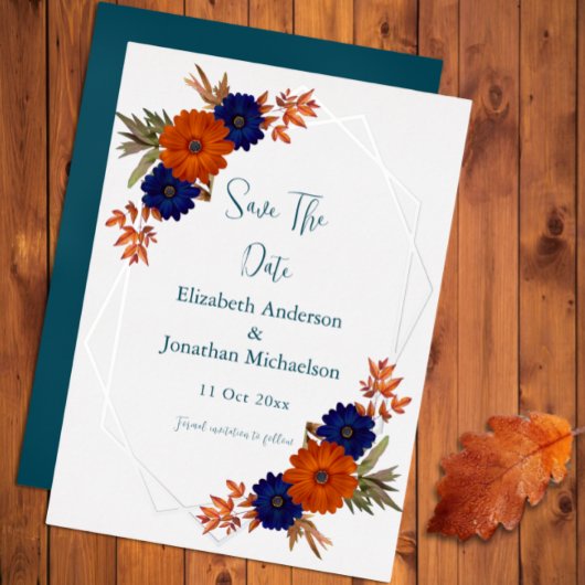 Rustikaler Herbst Orange Navy Blau Save the Date Folieneinladung