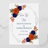 Rustikaler Herbst Orange Navy Blau Save the Date Folieneinladung (Vorderseite)